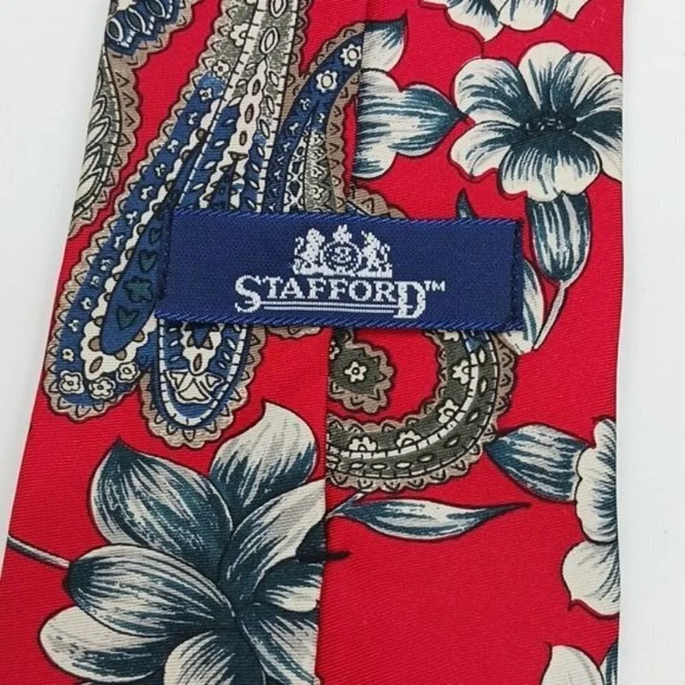Stafford Mens Silk Neck Tie Red Floral Paisley Print Classic Pointed Tie